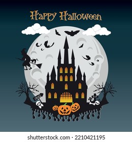 Halloween pumpkins head and haunted house castle bat spooky trees witch with full moonlight shadow