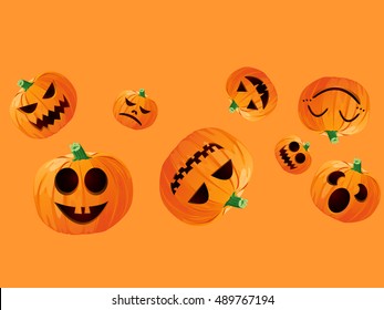 Halloween pumpkins head on orange background. Vector illustration.