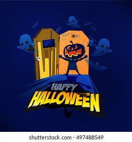 Halloween pumpkins head open the door to come inside the house with ghost and bat. devil character design. happy halloween concept - vector illustration