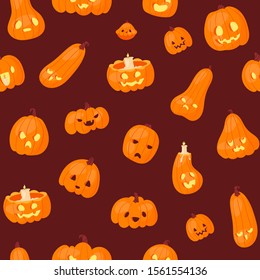 Halloween pumpkins heads with scary faces seamless vector pattern. Dark background with pumpkin-heads. For hallowen scrapbooking, gifts, fabrics, textile and packaging. Jack o latern horror heads.