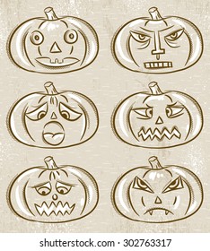 Halloween Pumpkins, Horror Persons, Emotion Variation, Vector 