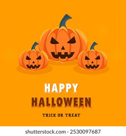 Halloween pumpkins with horror text and spider web on yellow background. Autumn horror holiday.