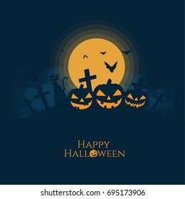 Halloween pumpkins house,cat,bat silhouette.Full moon background vector illustration.