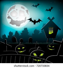 Halloween pumpkins and hut in the background of the moon.
