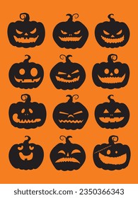 Halloween pumpkins icon with scary faces set vector illustration. Autumn festival, harvest festival and Halloween days.