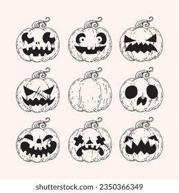 Icono de calabazas de Halloween con caras de miedo conjunto ilustración vectorial. Festival de otoño, festival de cosecha y días de Halloween.