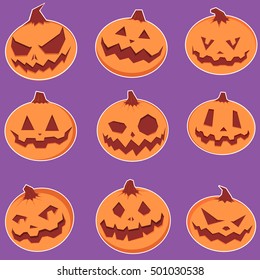 Halloween pumpkins icons made in flat design on purple  background