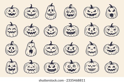 Los iconos de las calabazas de Halloween están listos. Conjunto de 24 plantillas de calabaza vintage para el diseño de Halloween. Caras divertidas de Monstruos. Ilustración del vector