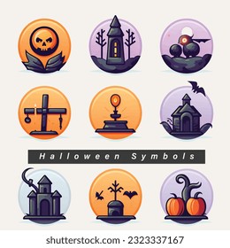 Halloween pumpkins. Halloween Icons and symbols, Witch, Haunted House, Pumpkins and Bats. Halloween Holiday Design.
