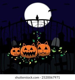 Halloween pumpkins illustration. Vector illustration of a graveyard. Three pumpkins in a middle. There are graves and houses behind them. A big white moon is shining and there are bats around it.