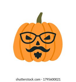 Halloween Pumpkins in the image of a hipster with glasses, mustache and beard. Vector illustration on white background