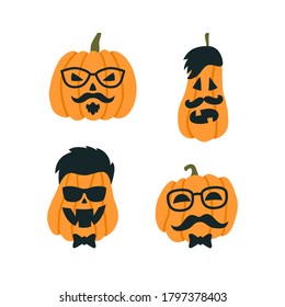 Halloween Pumpkins in the image of a hipster with glasses and mustache. Vector illustration on white background