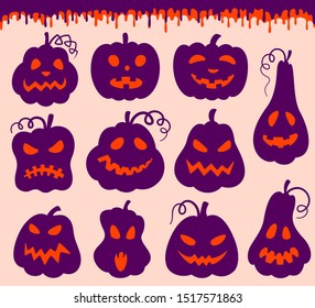 Halloween pumpkins isolated. Cute violet collection of different crazy facial expressions for invitations, banners, web. The main symbol of the Happy Halloween holiday. Vector cartoon Illustration.