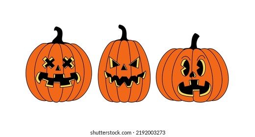 Halloween pumpkins isolated on white background. Vector illustration in cartoon trendy comic retro style.