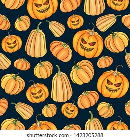 Halloween pumpkins jack lantern pattern.  Jack  lantern  light. Many types pumpkins texture. Scary holiday Halloween background. Colorful cute pumpkin on dark blue backdrop. Hand drawn illustration.