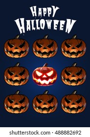 Halloween pumpkins jack lantern in scary expression tile on dark blue background