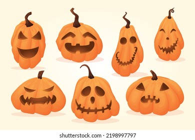 Halloween pumpkins jack o lantern with cut out eyes and mouth, set of vector cartoon illustrations.