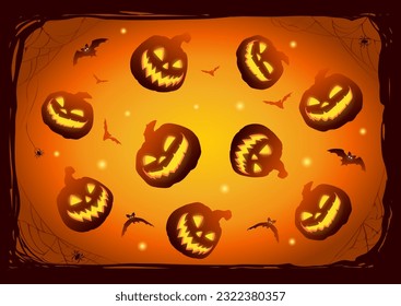 Ein Halloween-Kürbis-Jack-O-Laternenmuster mit Fledermäusen, Spinnen und Spinnweben, Hintergrunddesign