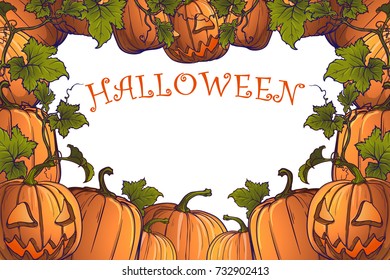 Halloween pumpkins, jack o'lantern and cauldron with magic potion on a white background. Postcard or other festive design template. Horizaontal orientation. EPS10 vector illustration
