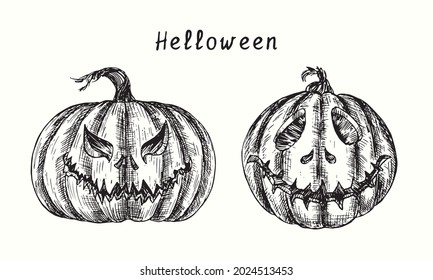 Halloween pumpkins Jack-o-lantern collection. Ink black and white drawing illustration