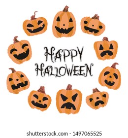 Halloween pumpkins (jack-o-lantern) with different facial expressions, crayon drawing