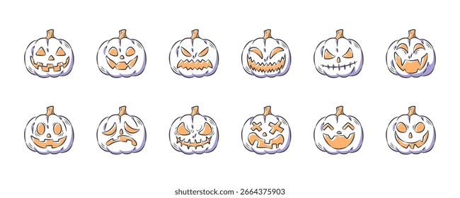 Calabazas de Halloween o linternas de jack-o' . Colección dibujada a mano de la ilustración de la historieta del icono . Vector.