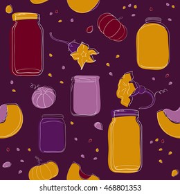 Halloween Pumpkins and jars vector seamless pattern on dark purple