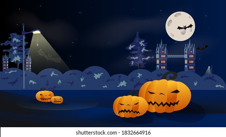 Calabazas de Halloween con una luz de farol, y un castillo oscuro en el fondo. Murciélago sobre el fondo de la luna. Araña en una web. Cielo azul nocturno. Postal de vacaciones, tarjeta, volante para las vacaciones de otoño