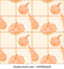 Halloween pumpkins lanterns with cut faces, seamless vector pattern.