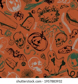 Halloween pumpkins lanterns, ghost, monsters, insects. Hand drawn vector seamless pattern. Vintage colored ornament. Design for All Saints' Eve decor, background, wallpaper, print, wrap, textile, card