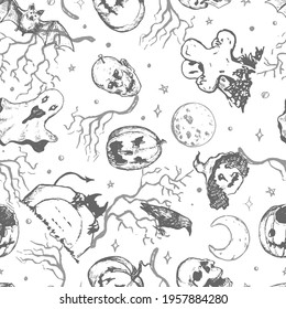 Halloween pumpkins lanterns, ghost, monsters, witch. Hand drawn vector seamless pattern. Vintage spooky ornament. Design for All Saints' Eve decor, background, wallpaper, print, wrap, textile, cards.
