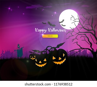 Halloween pumpkins lie on the grass at night against the forest