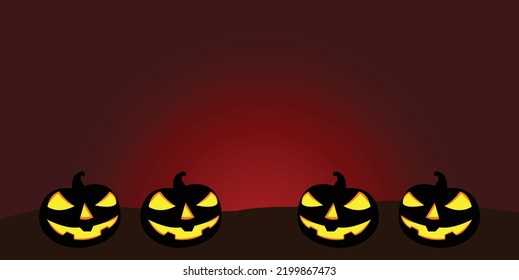 halloween pumpkins with lighted eyes on ground on red gradient background, halloween poster, card