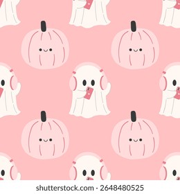 Halloween pumpkins and little ghost seamless pattern