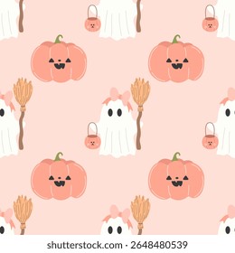 Halloween pumpkins and little ghost seamless pattern