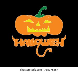 Halloween Pumpkins Logo, The orange freehand font of halloween with horn and tail, The orange pumpkins with yellow face and green stem. it is the symbol for Celebrate the festival.