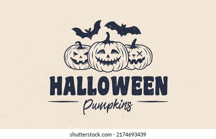 Halloween pumpkins logo, poster. Halloween emblem with 3 pumpkins and grunge texture. Funny Pumpkin lanterns icons. Hipster design. Print for T-shirt. Vector illustration