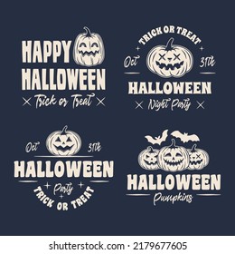 Halloween pumpkins logo set. 4 Pumpkins lanterns related labels, badges, emblems. Halloween emblem, poster templates. Vector illustration