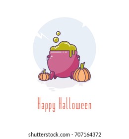 Halloween pumpkins and magic cauldron. Halloween design card template. Vector illustration.