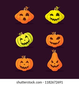 Halloween pumpkins mascot icon vector. With happy face on dark background. Set of halloween pumpkins, funny faces. Autumn holidays.