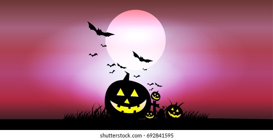 Halloween Pumpkins - moon background- horizontal banner illustration