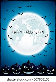 Halloween pumpkins with Moon and bats on blue background, illustration.