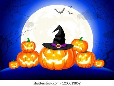 Halloween pumpkins, moon and dark castle on blue background. Happy Halloween concept. Illustration design for greeting card, poster banner or print.