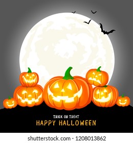 Halloween pumpkins, moon and dark castle on gray background. Happy Halloween concept. Illustration design for greeting card, poster banner or print.