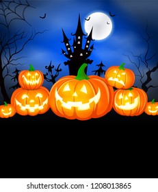Halloween pumpkins, moon and dark castle on blue background. Happy Halloween concept. Illustration design for greeting card, poster banner or print.