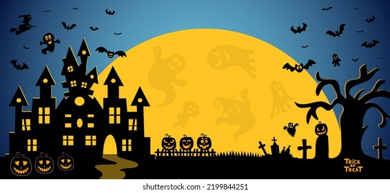 Halloween pumpkins, moon and dark castle on blue background, vector illustration.