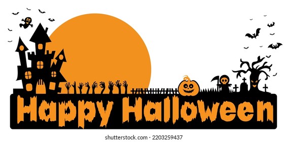 Halloween pumpkins, moon and dark castle on white background, vector illustration.