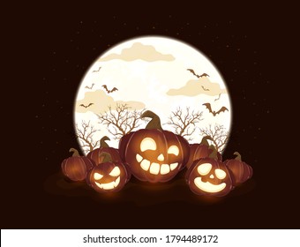 Halloween pumpkins and Moon on black night background. Holiday card with Jack O' Lanterns and bats. Illustration can be used for clothing design, children's holiday design, cards, invitations, banners