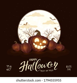 Halloween pumpkins and Moon on black night background. Holiday lettering with Jack O' Lanterns and bats. Illustration can be used for clothing design, children's holiday design, cards, banners
