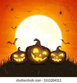 Halloween pumpkins and Moon on orange night background. Holiday card with Jack O' Lanterns, bats and black spiders. Illustration can be used for children's holiday design, cards, invitations, banners.